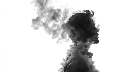 Profile of a person with smoke-like forms blending into face and neck, set against a bright backdrop
