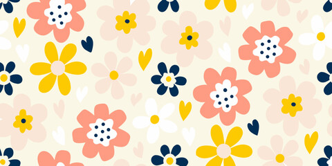Charming seamless pattern with abstract floral motifs and hearts in pastel colors