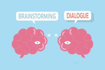 Two cartoon brains with speech bubbles showing brainstorming and dialogue are equal to each other