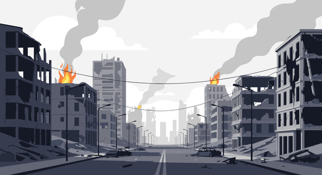 Pixel art cityscape with ruined buildings and smoke rising high.