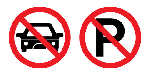 Prohibition Road Sign Icons for No Driving and No Parking with Red Circular Design