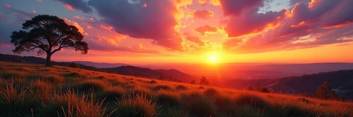 Golden Hour Panorama Serene Landscape with Vibrant Sunset Colors and Long Shadows