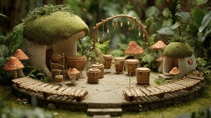 Mushroom village stage with drums and fairy lights in a whimsical forest setting