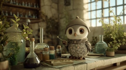 Adorable owl wearing a hat and scarf, holding a stick in a cluttered alchemist's lab