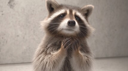 A close-up of a fluffy raccoon with dark eye markings, paws clasped