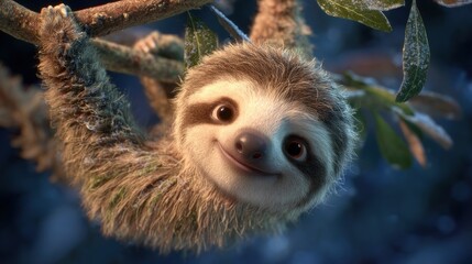 Adorable animated sloth hangs smiling from a tree branch with bright, happy eyes