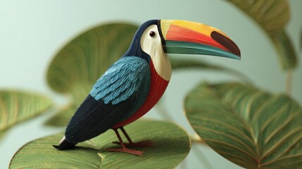 A vibrantly colored, stylized toucan rests on a lush green leaf, surrounded by tropical foliage