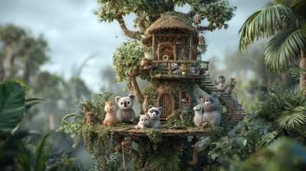 Adorable plush animals gather on a multi-level jungle treehouse, surrounded by lush foliage