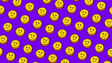 smiley face repeat in bold pop style for looping animated backdrops. happy emoji repeat with thick black contour for motion graphics. yellow cheerful smile face coins on purple in flat pop look