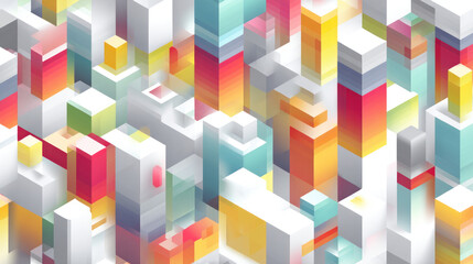 Abstract city scape with colorful cubes, layered and patterned with a vibrant, geometric style