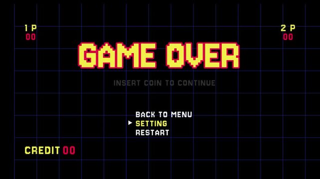 Pixelated game over text animation isolated on black background 4K resolution