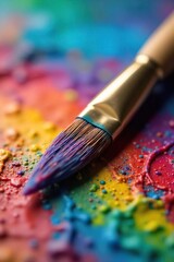 Fototapeta premium Artists Paintbrush on Vibrant Palette Ready for the Next Stroke, Close Up