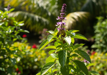Fototapeta premium Basil Plant with Purple Flowers