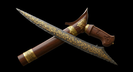 Traditional Indonesian keris dagger with ornate golden details and carved wooden sheath. A symbol of heritage, honor, and craftsmanship from Javanese and Balinese culture, captured with elegant studio