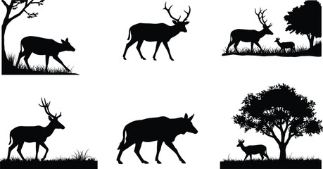 Black silhouette deer illustrations, forest wildlife scenes, antler stag with fawn, grazing deer, walking deer, nature trees, wild animal vector art