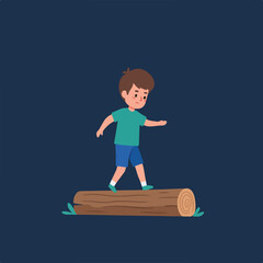A cartoon boy walks across a log with green leaves on a dark blue background