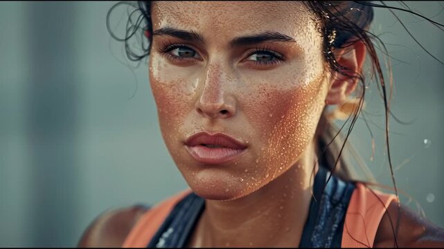 Sweaty womans determined face after intense workout, close-up portrait