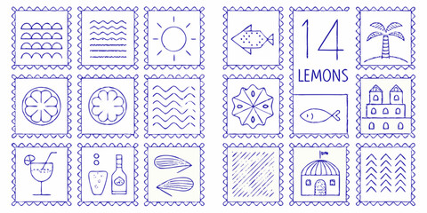 Collection of hand drawn blue line art illustrations on white background featuring summer vacation and food themes © Debashis