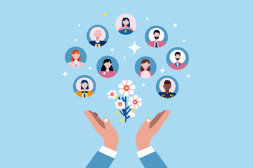 Caring hands hold a bouquet of flowers surrounded by diverse people in circles against a light blue background with stars