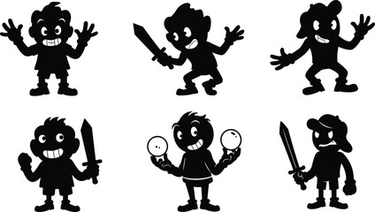 Cartoon silhouettes, expressive characters, funny poses, sword action, smiling faces, angry expression, playful illustration, comic style, dynamic emotion vector