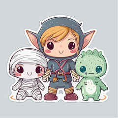 Adorable Chibi Fantasy Adventure Characters Sticker Pack featuring a cute mummy, a brave elf-like adventurer, and a friendly green plant creature. Perfect for whimsical children's designs
