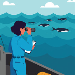 Obraz premium Researcher observes whales from a boat, using binoculars and a clipboard