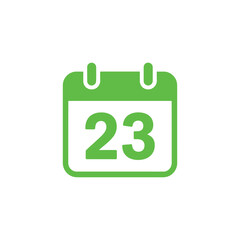 Green Calendar Icon with Day 23 Isolated on White Background