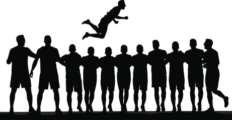 Silhouette of team celebrating victory with one person jumping in air, teamwork unity success concept, sports motivation background design