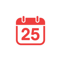 Red Calendar Icon with Number 25 Isolated on White Transparent Background