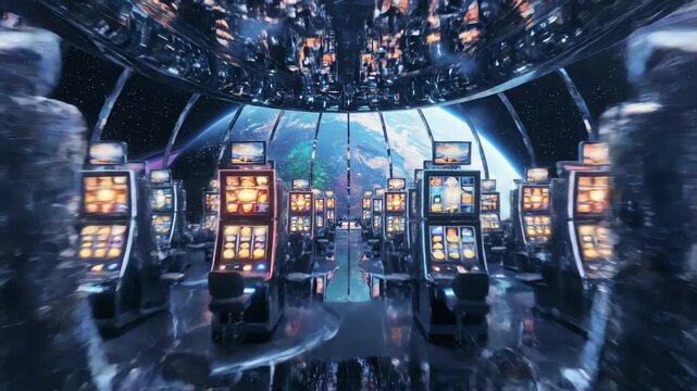 A person wearing a scary skull mask stands in a futuristic casino lined with slot machines under a mirrored ceiling, shot with cinematic lighting and a shallow depth of field, creating a mysterious