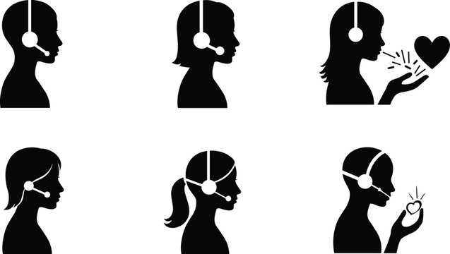 Customer support silhouette icons, people with headsets, call center agents, empathy communication, online chat, service care, profile diversity, modern business illustration