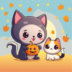 Adorable Kawaii Halloween Cats in Costume with Pumpkins Under a Spooky Sky