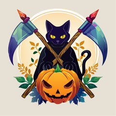 Enchanting Black Cat Spirit Overseeing a Jack-o'-Lantern with Crossed Blades, a Captivating Emblem for Autumnal Festivities and Spooky Nights