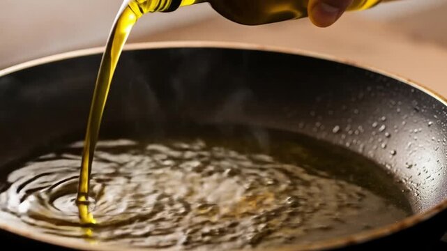 Cooking oil is poured into a pan with ripples visible and smoke in the background