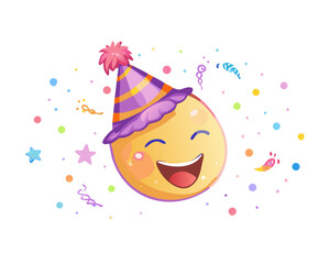 Smiling face icon wearing a party hat and celebration. 2D watercolor illustration isolated on transparent background.