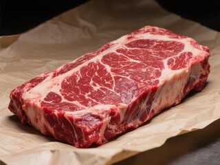 Obraz premium Raw beef slab, deep red, marbled fat, bone-in, butcher paper, ingredient, choice