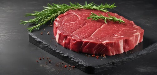 Raw beef steak, rosemary, spices, black concrete , steak,  food photography