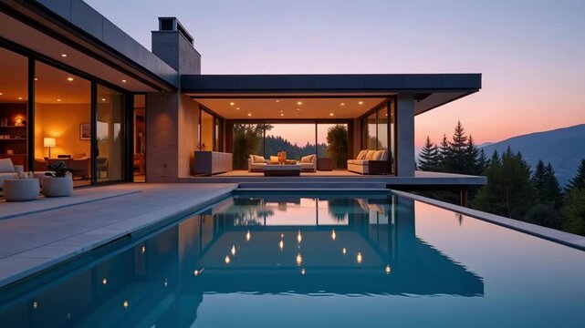 Luxury living with an infinity pool reflecting warm sunset hues over majestic mountains, creating a tranquil and inviting home atmosphere at twilight