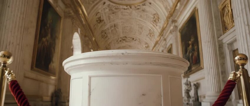 A classic museum scene with an empty display pedestal behind red velvet ropes. Ideal for showcasing priceless items, luxury goods, awards, or exclusive concepts.