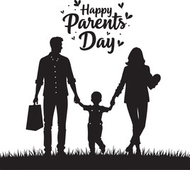 Black silhouette family walking on grass with happy parents day text