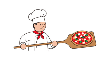 Cartoon Style Illustration of a Pizza Chef Holding a Freshly Baked Pizza on a Wooden Peel for Menu Design and Culinary Arts Projects