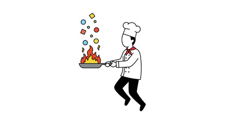 Animated Chef Tossing Food in a Frying Pan with Flames, Suitable for Culinary Education, Restaurant Promotions, and Cooking Tutorial Materials.