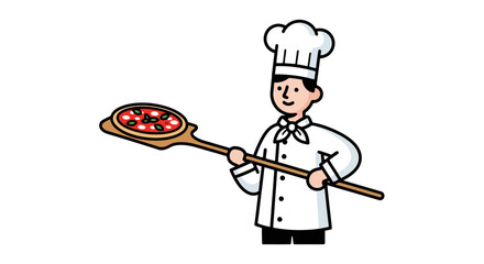 Cartoon Chef Proudly Presenting a Freshly Baked Pizza on a Wooden Peel, Ideal for Restaurant Menus, Recipe Illustrations, or Culinary Education Materials
