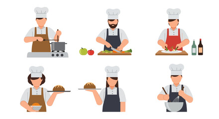 Diverse Chef Characters Preparing and Serving Food, Ideal for Culinary Education, Restaurant Promotions, and Food-Related Design Projects