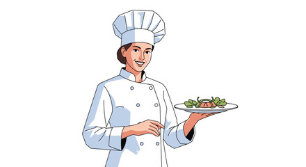 Female chef presenting a gourmet dish isolated on white background,ideal for culinary schools,restaurants menus, healthy eating campaigns, food blogs,and cooking tutorials.