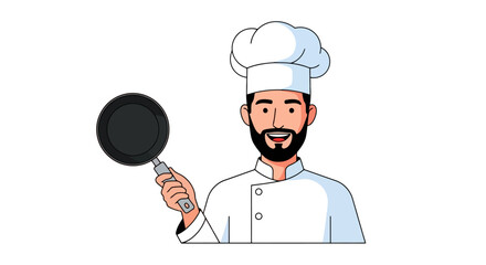 Smiling Chef Character Illustration Holding Frying Pan, Ready for Cooking Demonstration, Ideal for Culinary Education, Recipe Guides, or Restaurant Promotions