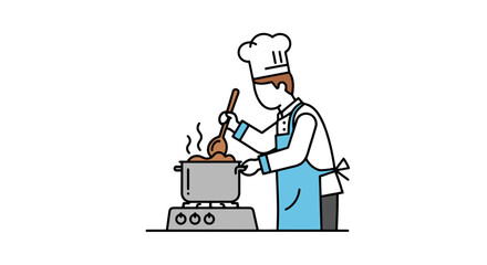 Chef preparing food in a pot, illustration for culinary blog, cooking class advertisement, or restaurant promotion, suitable for menu design and food-related websites.
