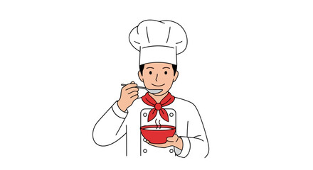 Cartoon Chef Character Tasting Soup with a Spoon, Isolated on White, Suitable for Culinary Blogs, Cooking Guides, and Food Service Marketing Materials