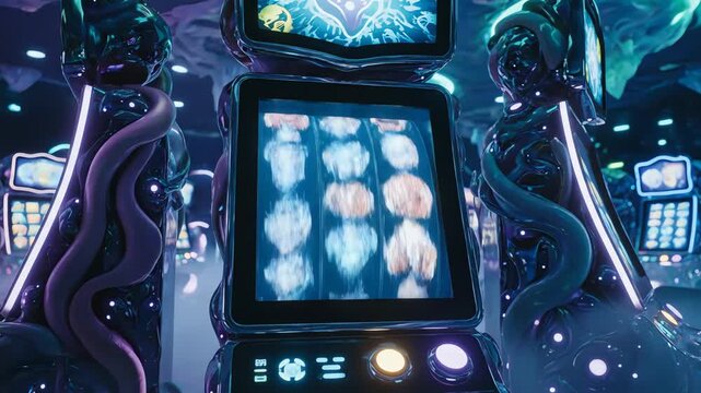 A front-view shot of a gambling slot machine displaying distorted, blurry Scary Skull Mask imagery with pale colors, surrounded by abstract, organic shapes in a dark, otherworldly casino setting with