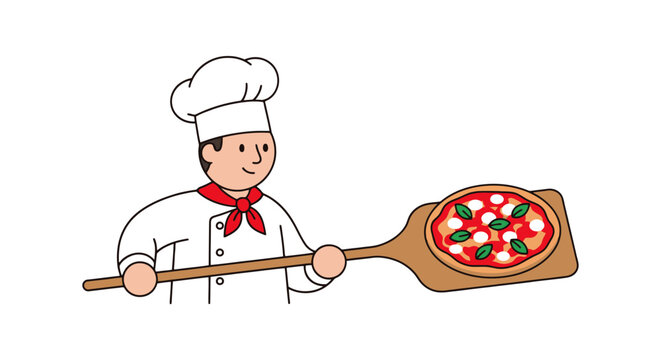 Cartoon Style Illustration of a Pizza Chef Holding a Freshly Baked Pizza on a Wooden Peel for Menu Design and Culinary Arts Projects - Powered by Adobe